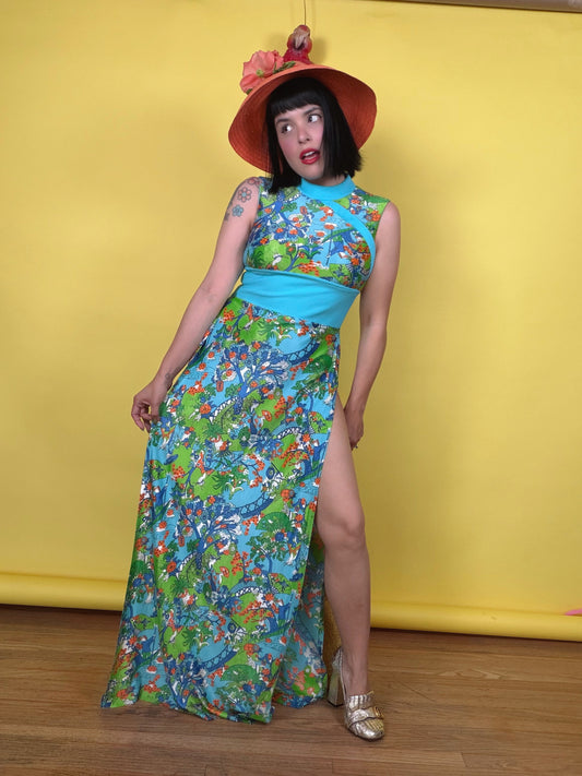 Vintage 60s Japanese Garden Novelty Print Hostess Maxi Dress Fits XS-M