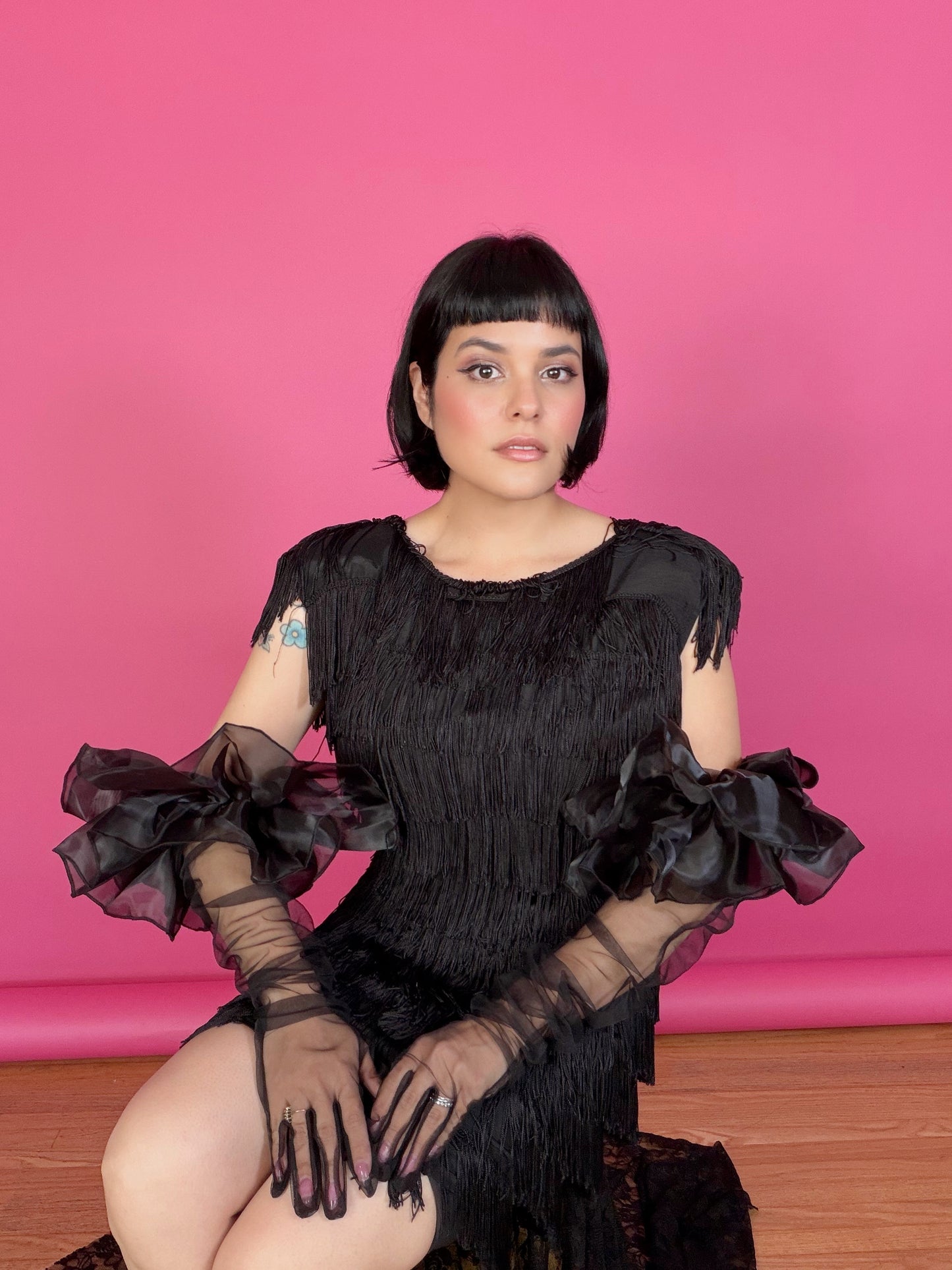 Vintage 70s / 80s Black Fringe Wiggle Dress Made by Roberta