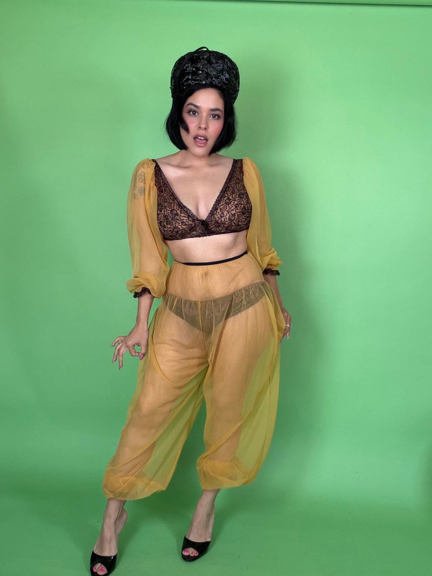 Vintage 60s Genie Mustard Sheer Chiffon Pant Set XS-M