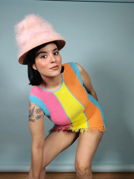 60s Rainbow Striped Knit Mini Dress Fits XS-M