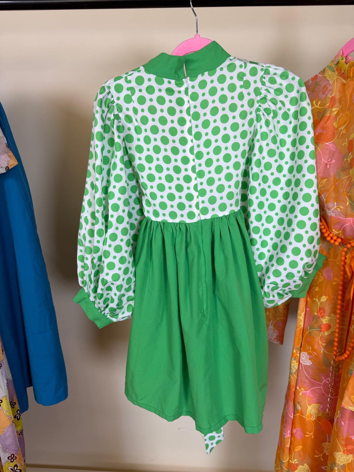 Vintage 60s Mod Balloon Sleeve Green Polkadot Babydoll Mini XS-M