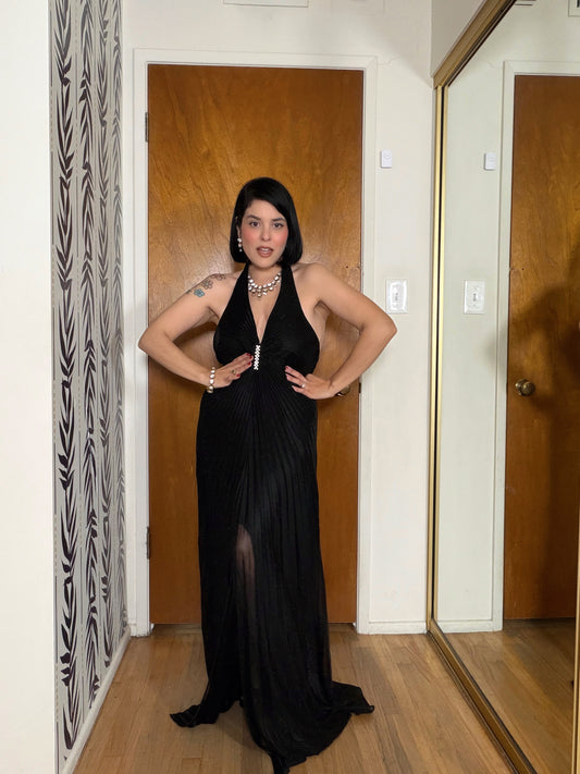Late 70s / 80s Black Lurex Halter Gown (like William Travilla design) Fits S-L