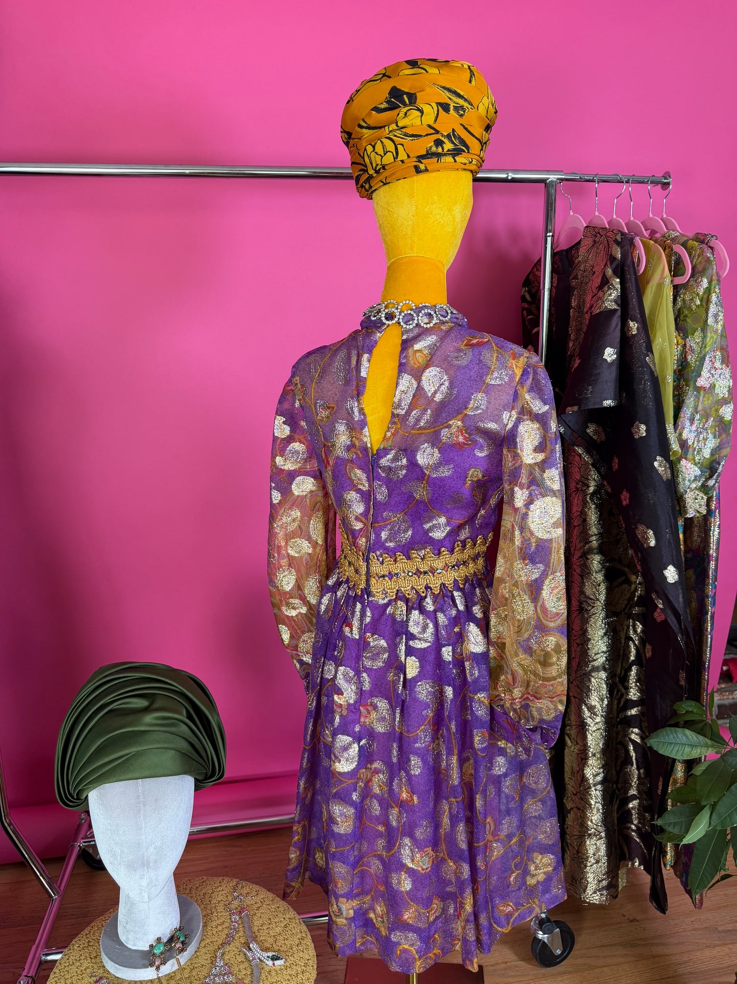 Vintage 60s Carrie Couture Purple & Gold Lame Cocktail Dress Fits XS-SM