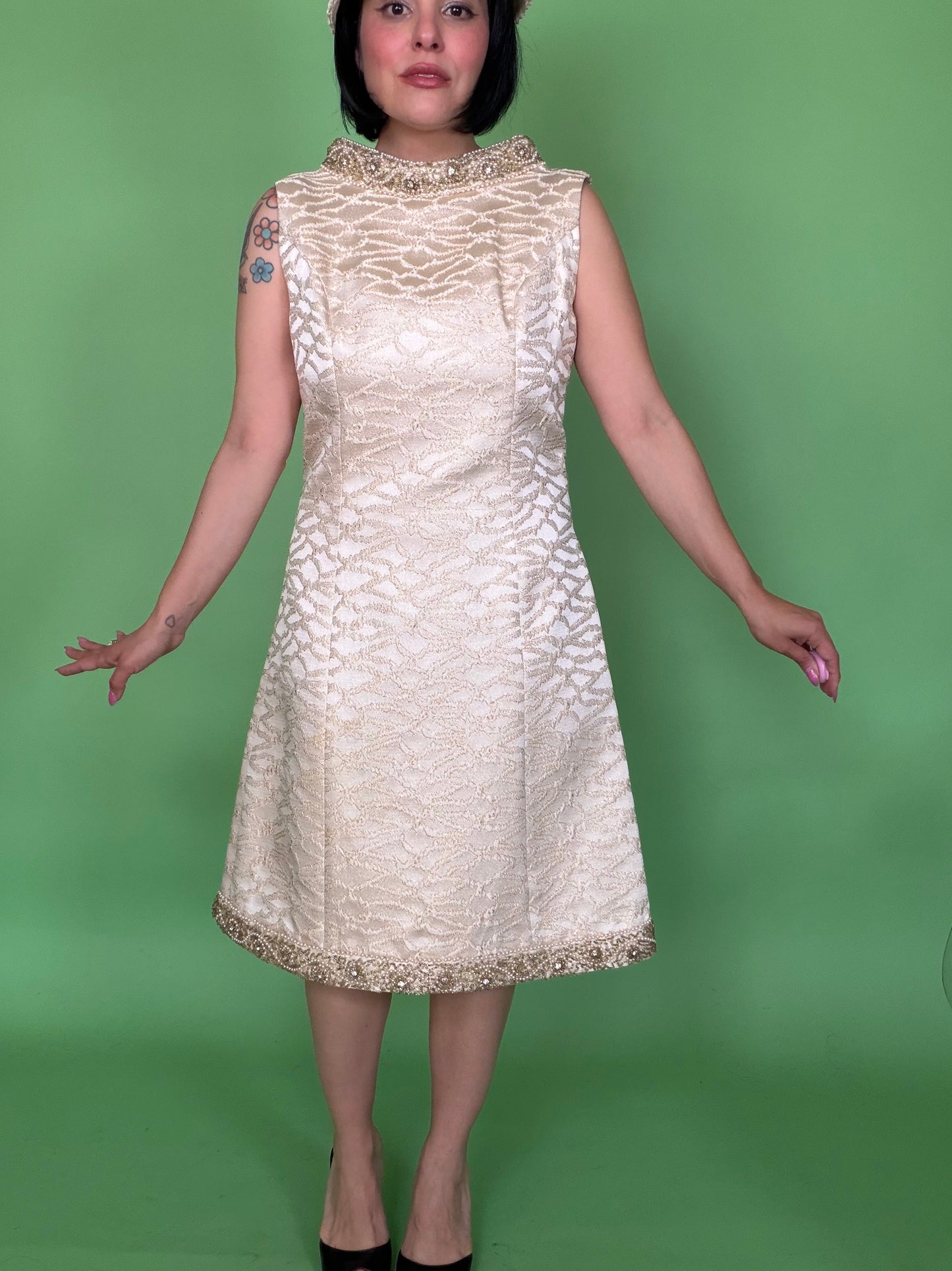 Vintage 60s Mod White Brocade Cocktail Dress by Bullock Whilshire fits S-M & possible size L