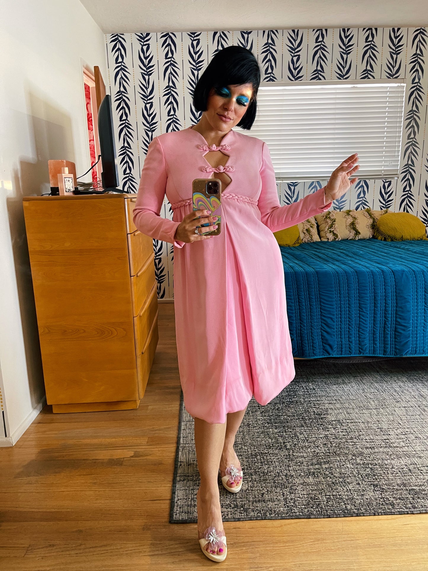 Vintage 60s Peekaboo Front Bubblegum Pink Empire Waist Dress Fits Sizes XS-SM