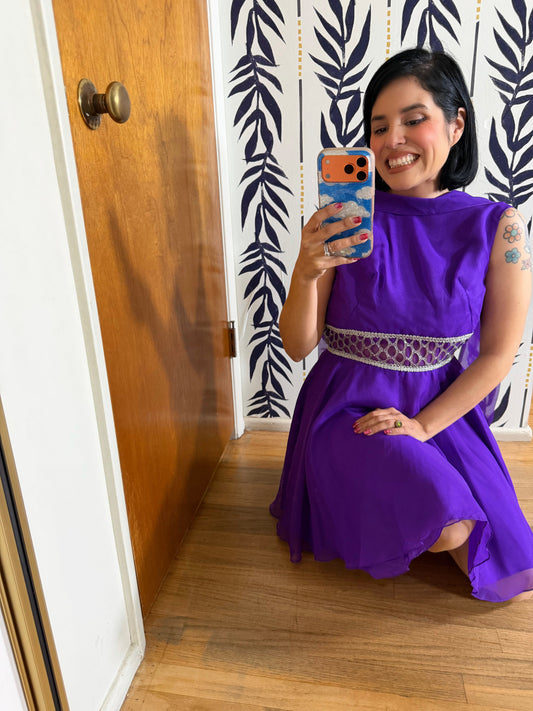 60s Mod Purple and Silver Space Age Chiffon Dress Fits XS-SM