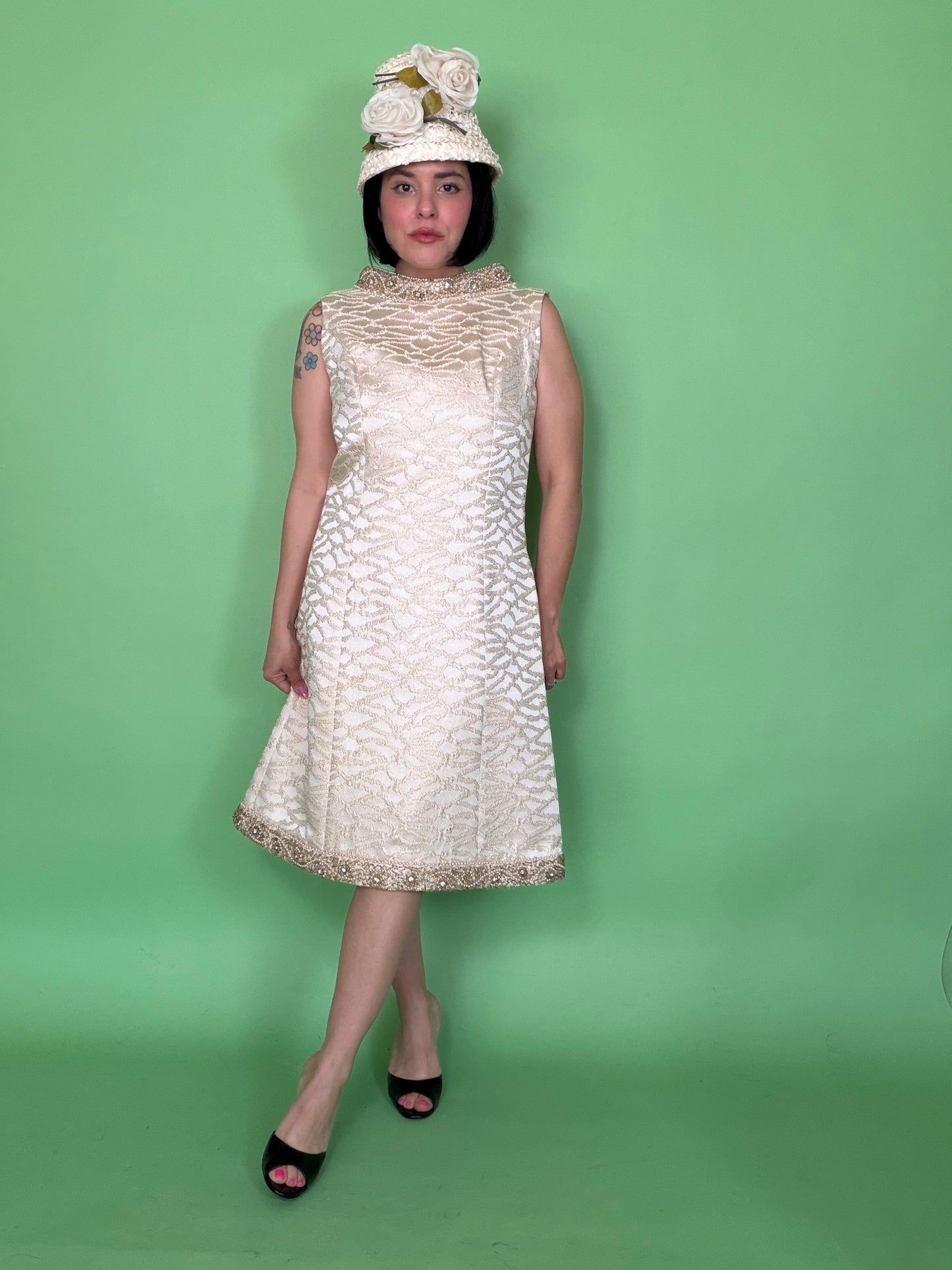 Vintage 60s Mod White Brocade Cocktail Dress by Bullock Whilshire fits S-M & possible size L