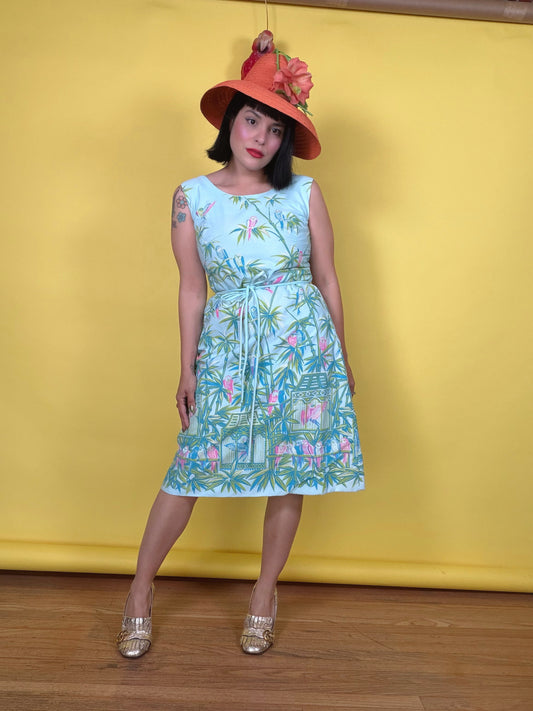 Vintage 60s Lee Stevens of Miami Polished Cotton Tropical Parrot Paradise Print Dress XS-SM