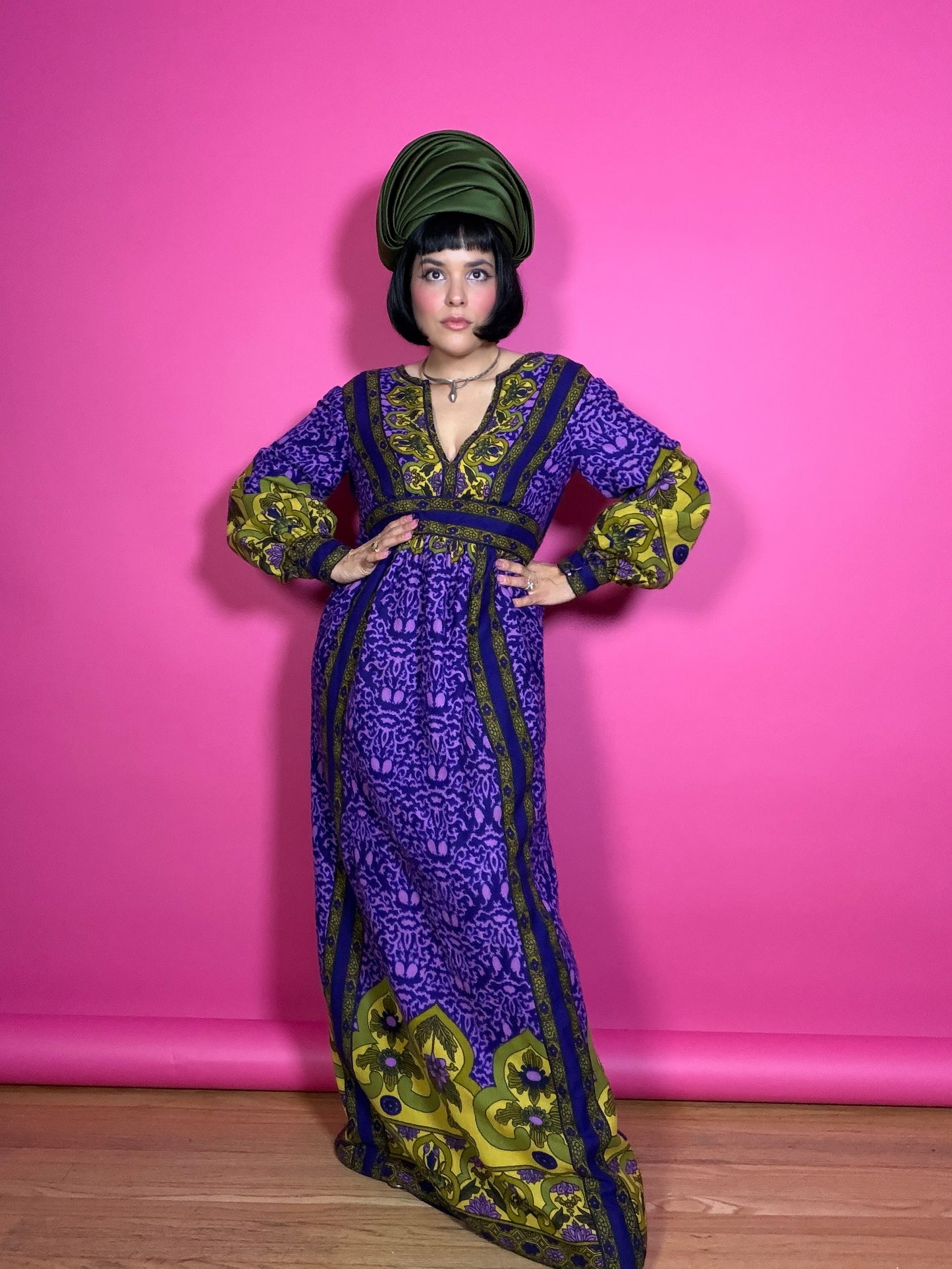 Vintage 60s RARE Malcolm Starr Purple & Chartreuse Maxi Dress XS-SM