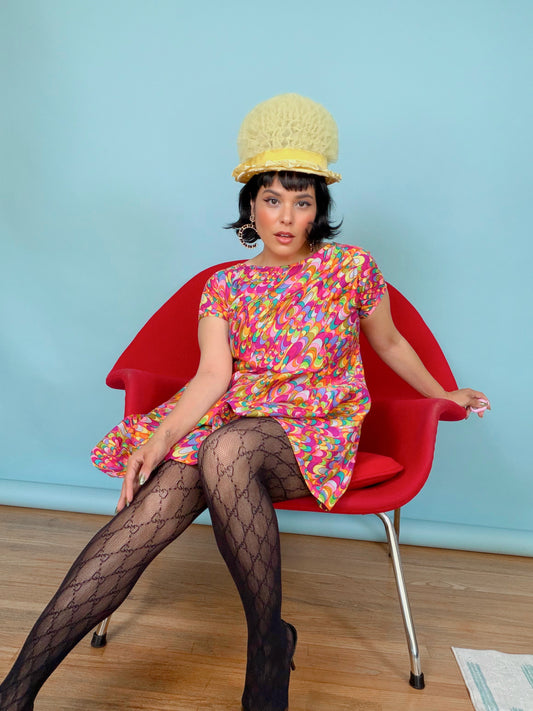 Vintage 1960s Psychedelic Mod Mini Dress – Groovy Swirl Print Fits XS-M