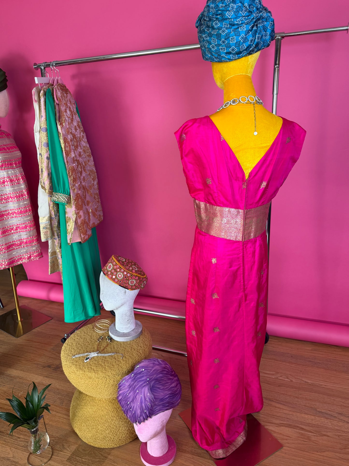 Vintage 60s Silk Fuchsia Pink & Gold Gown S-M
