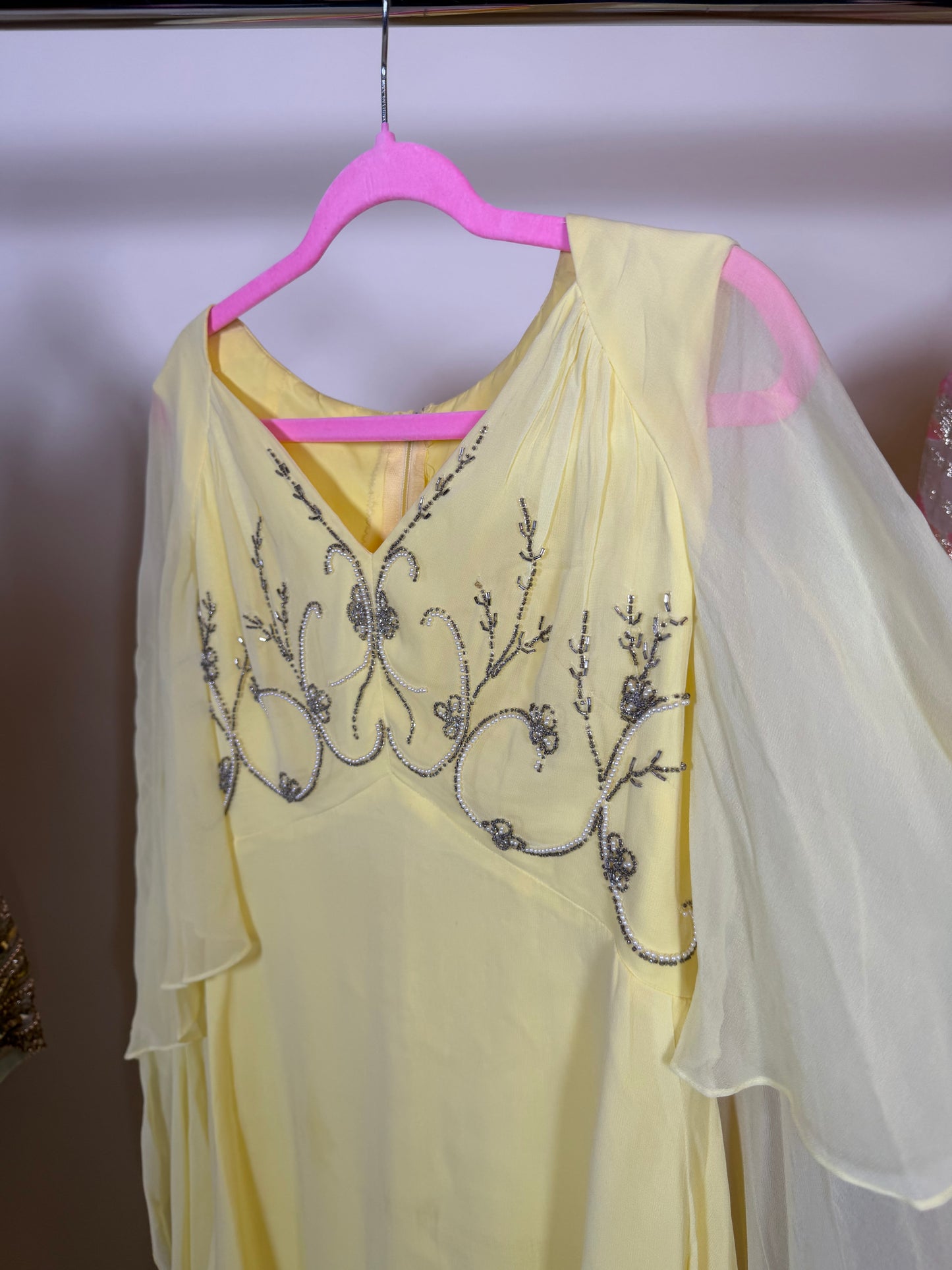 60s Vintage Ethereal Yellow Chiffon Cape Sleeve Gown Fits S-M