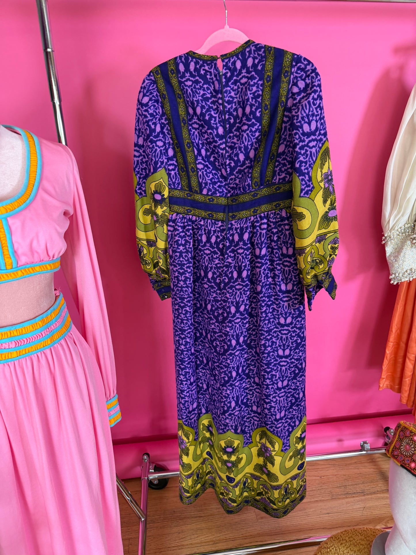 Vintage 60s RARE Malcolm Starr Purple & Chartreuse Maxi Dress XS-SM
