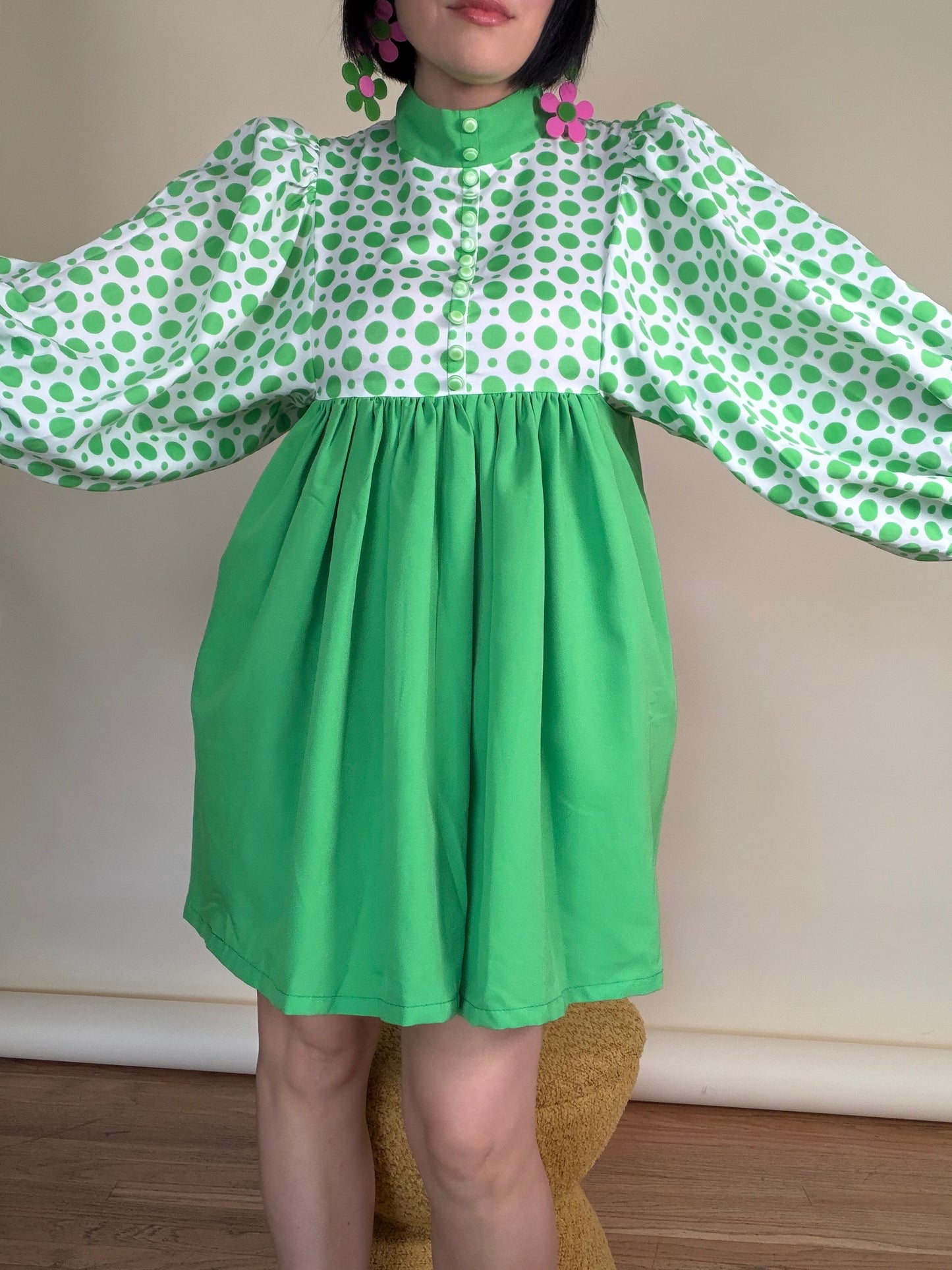 Vintage 60s Mod Balloon Sleeve Green Polkadot Babydoll Mini XS-M