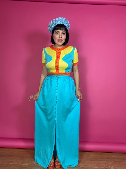 Vintage Mod 60s Colorblock Hostess Skirt Set Fits XS-SM