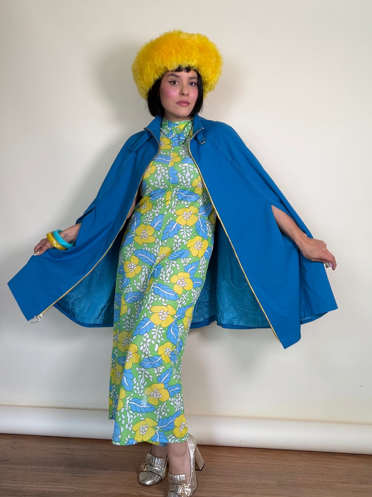 Vintage 60s Marine Blue Mod Poncho Gold Zip Cape by Jonathan Logan Fits all sizes