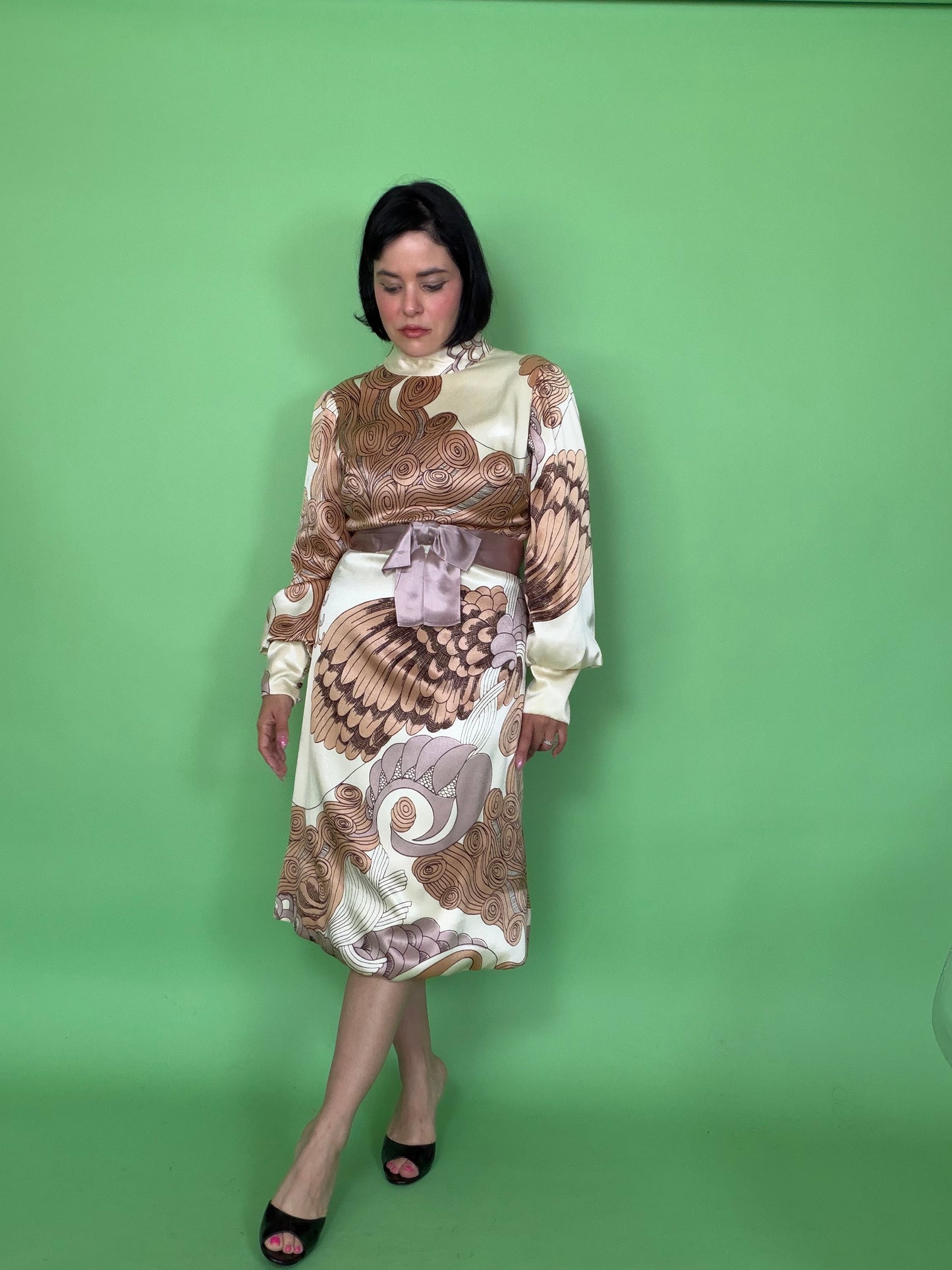 Vintage 60s Silk Satin Estevez Abstract Feather Print Dress XS-M