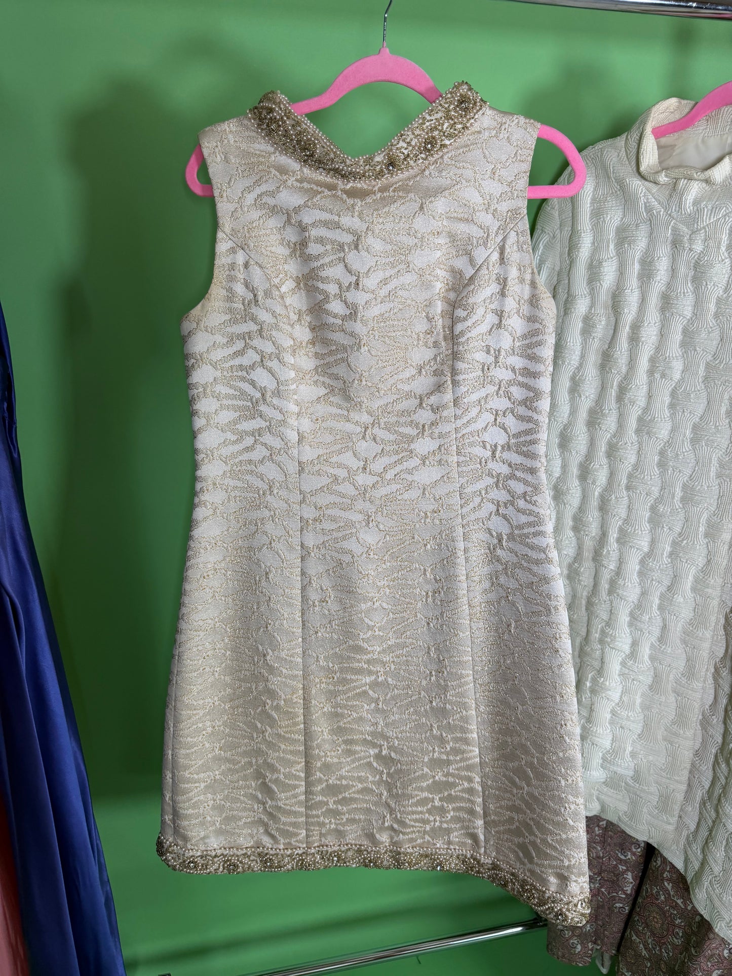 Vintage 60s Mod White Brocade Cocktail Dress by Bullock Whilshire fits S-M & possible size L