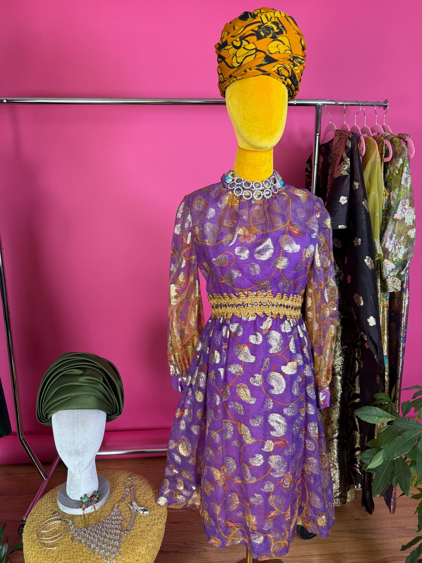 Vintage 60s Carrie Couture Purple & Gold Lame Cocktail Dress Fits XS-SM