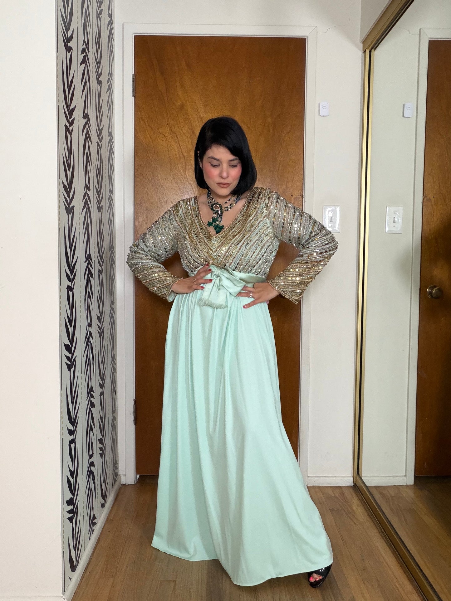 60s Vibes Victoria Royal Ltd. Embellished Chiffon Sea foam Green Gown S-M & possible size L