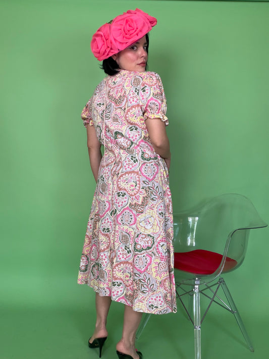 Vintage 40s Novelty Print Cotton Wrap Dress Modern Aire Fits S-L