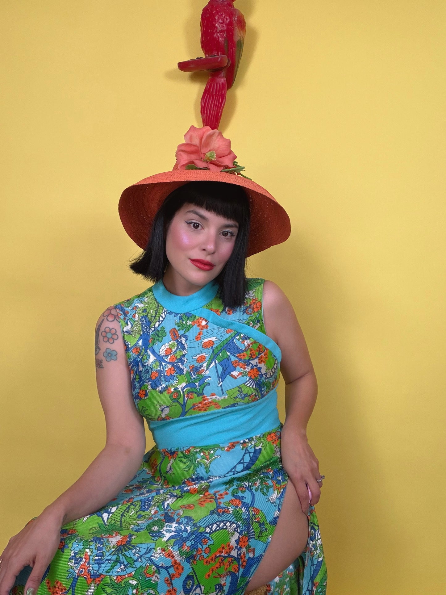 Vintage 60s Japanese Garden Novelty Print Hostess Maxi Dress Fits XS-M