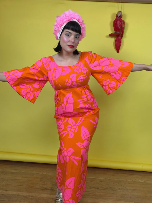 Vintage 60s DayGlo Hawaiian Floral Maxi Pomare-Tahiti Honolulu Hawaii Fit’s XS-SM