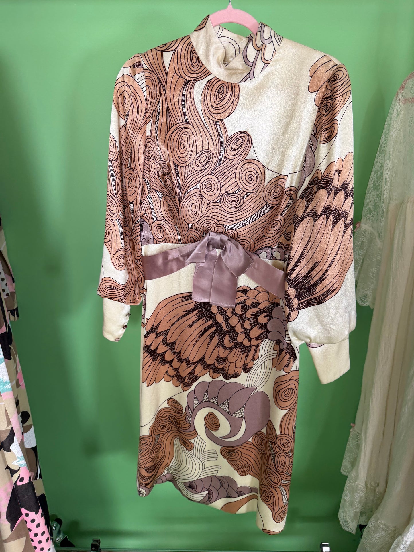 Vintage 60s Silk Satin Estevez Abstract Feather Print Dress XS-M
