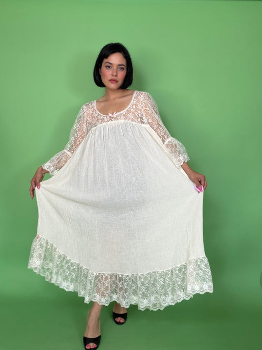 Vintage 80s Does Victorian Lace & Gauze Cotton Dress Fits Most Sizes