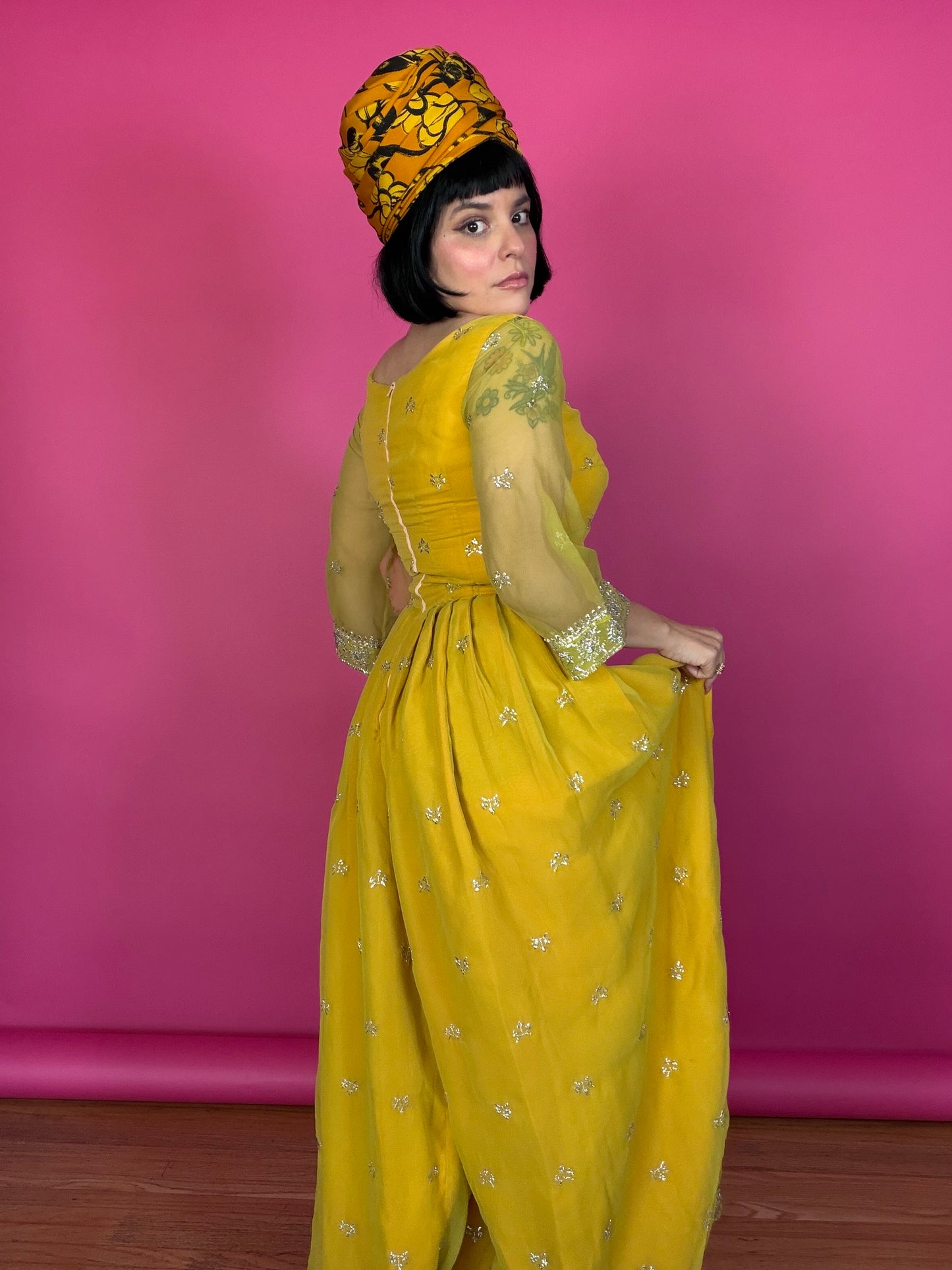 Vintage 60s Kukulus Originals Marigold Chiffon Jumpsuit Fits XS-SM