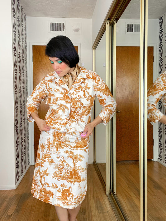 Toile De Jouy Novelty Vintage 50s Blazer Skirt Vera Maxwell Lord & Taylor Fits Sizes XXS-XS