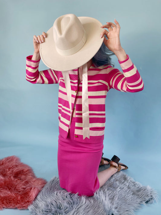 Vintage 60s /70s Hot Pink Soft Wool Made in Switzerland Striped Skirt Set Fits Sizes XXS-SM