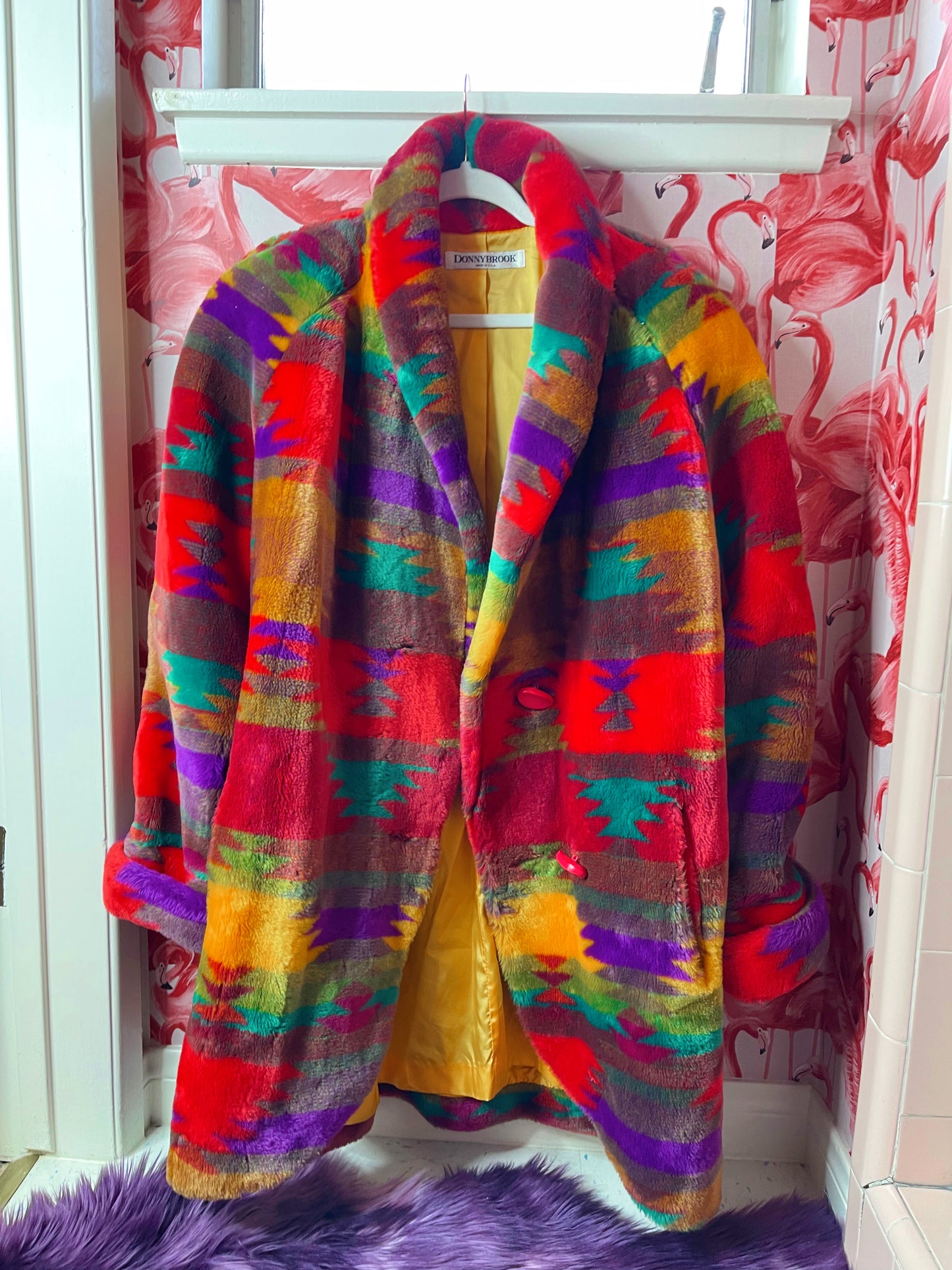 Vintage Donnybrook Rainbow Southwest Faux Fur Coat Fits Sizes S-XL