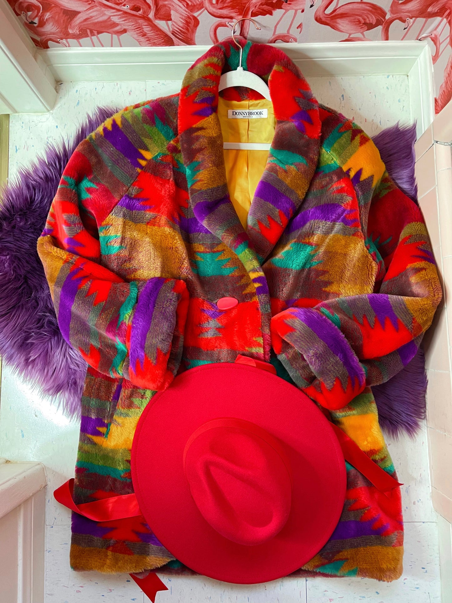Vintage Donnybrook Rainbow Southwest Faux Fur Coat Fits Sizes S-XL