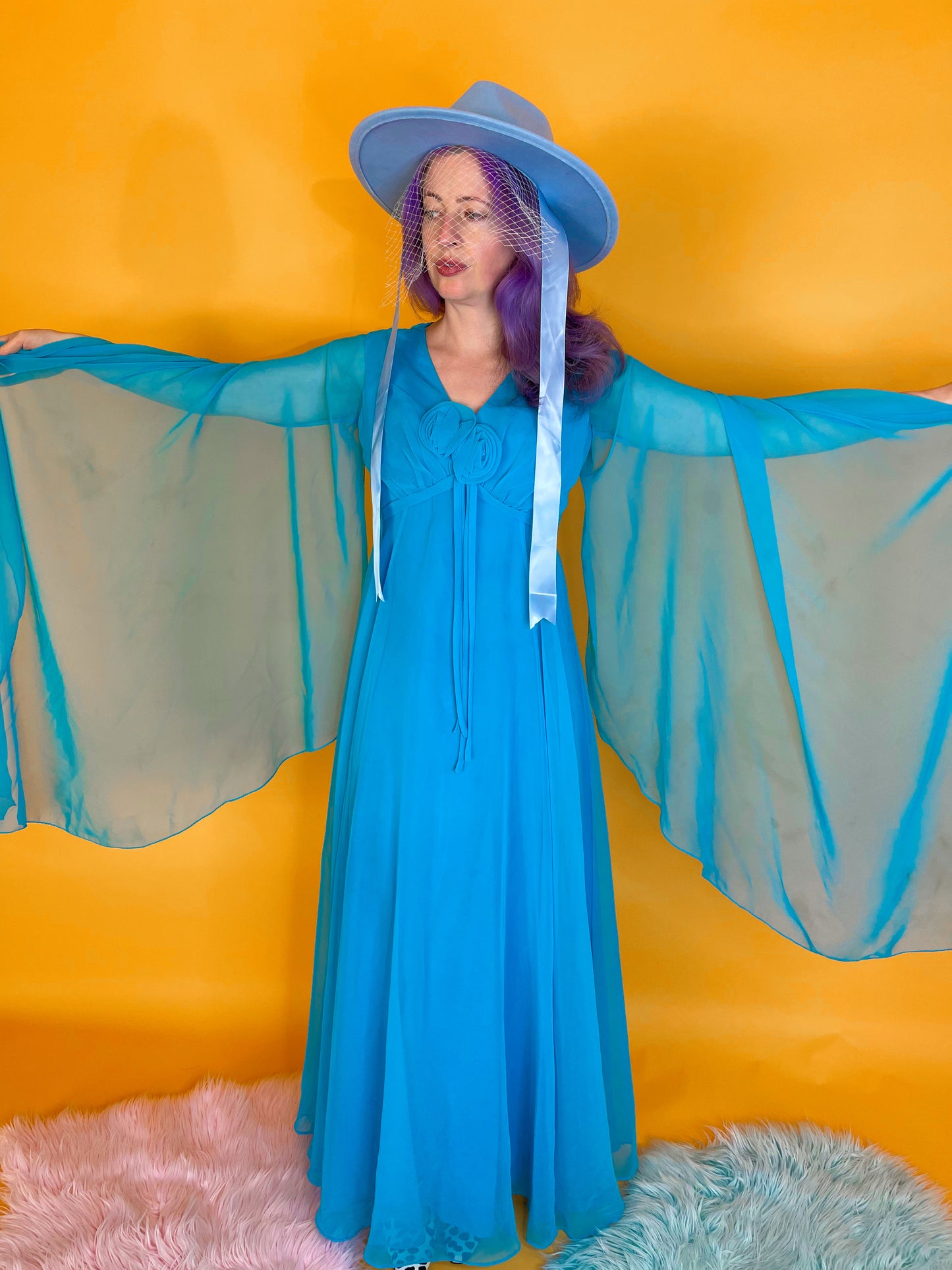 Vintage 60s / 70s Miss Elliette California Bondi Blue Chiffon Cape Sleeves Maxi Dress Fits Sizes XS-SM & Possible Size M