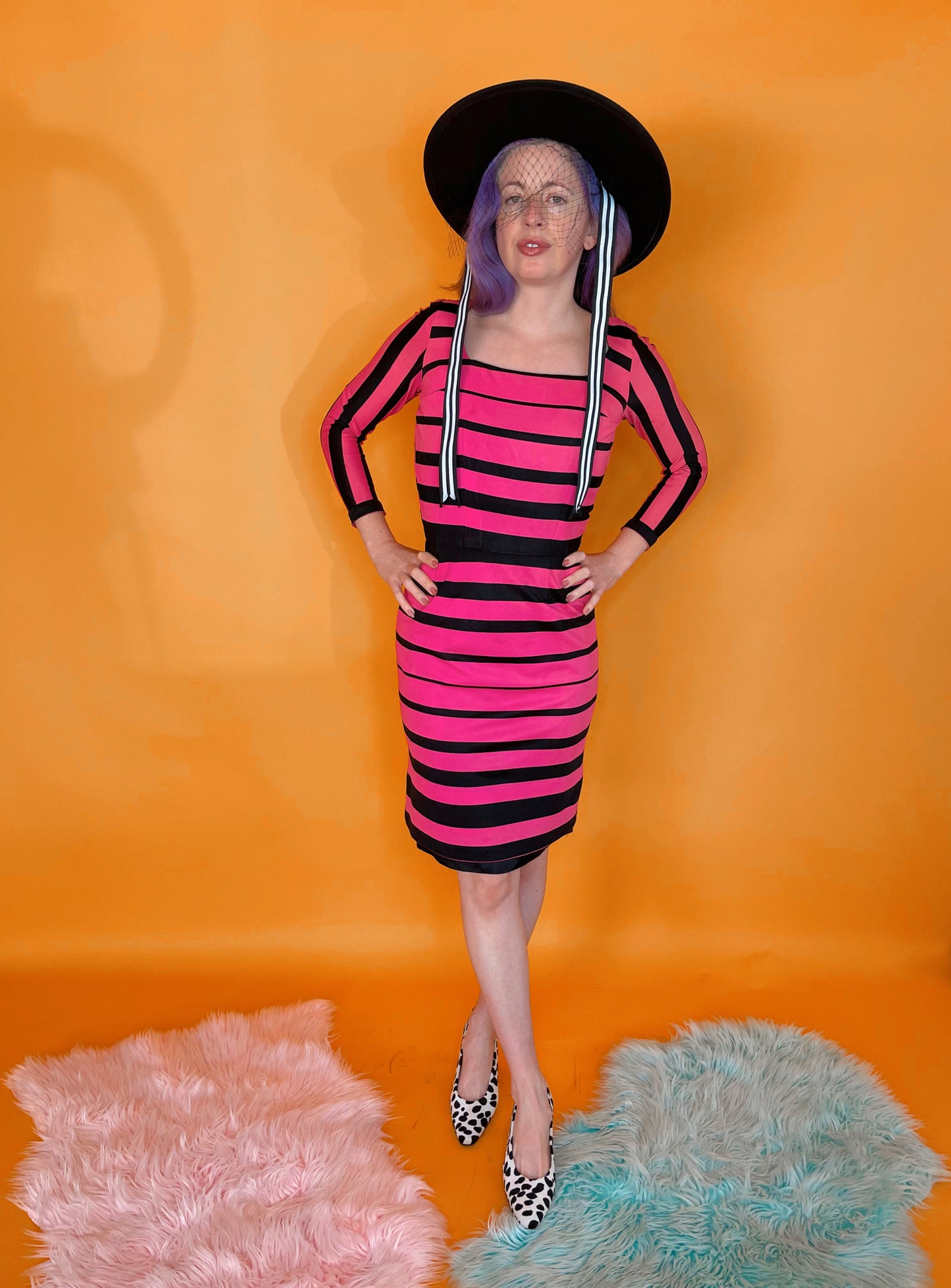 Vintage 60s Black & Pink Striped Wiggle Dress Fits size SM