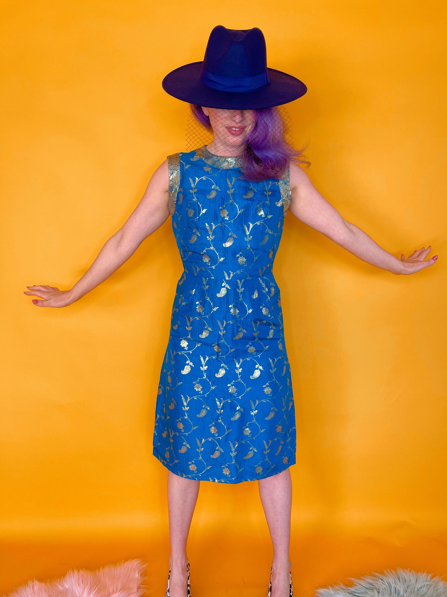 Vintage 60s Silk Gold Detail Wiggle Electric Blue Dress Fits Sizes XS-SM