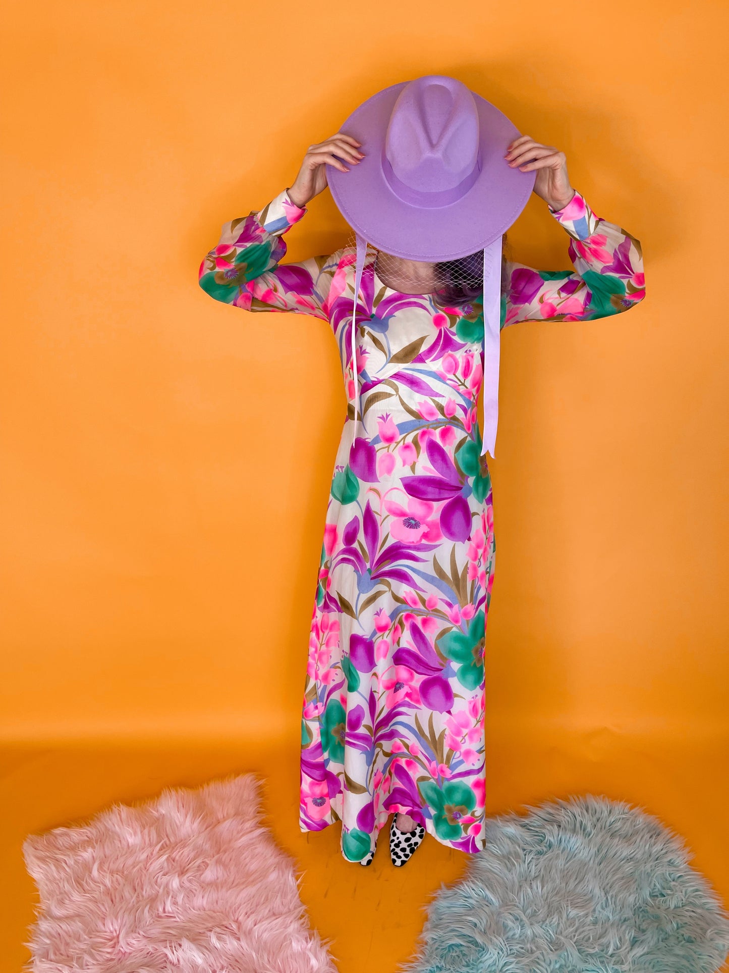 Vintage 60s / 70s Neon Floral Garden Maxi Dress Fits Sizes XS-SM