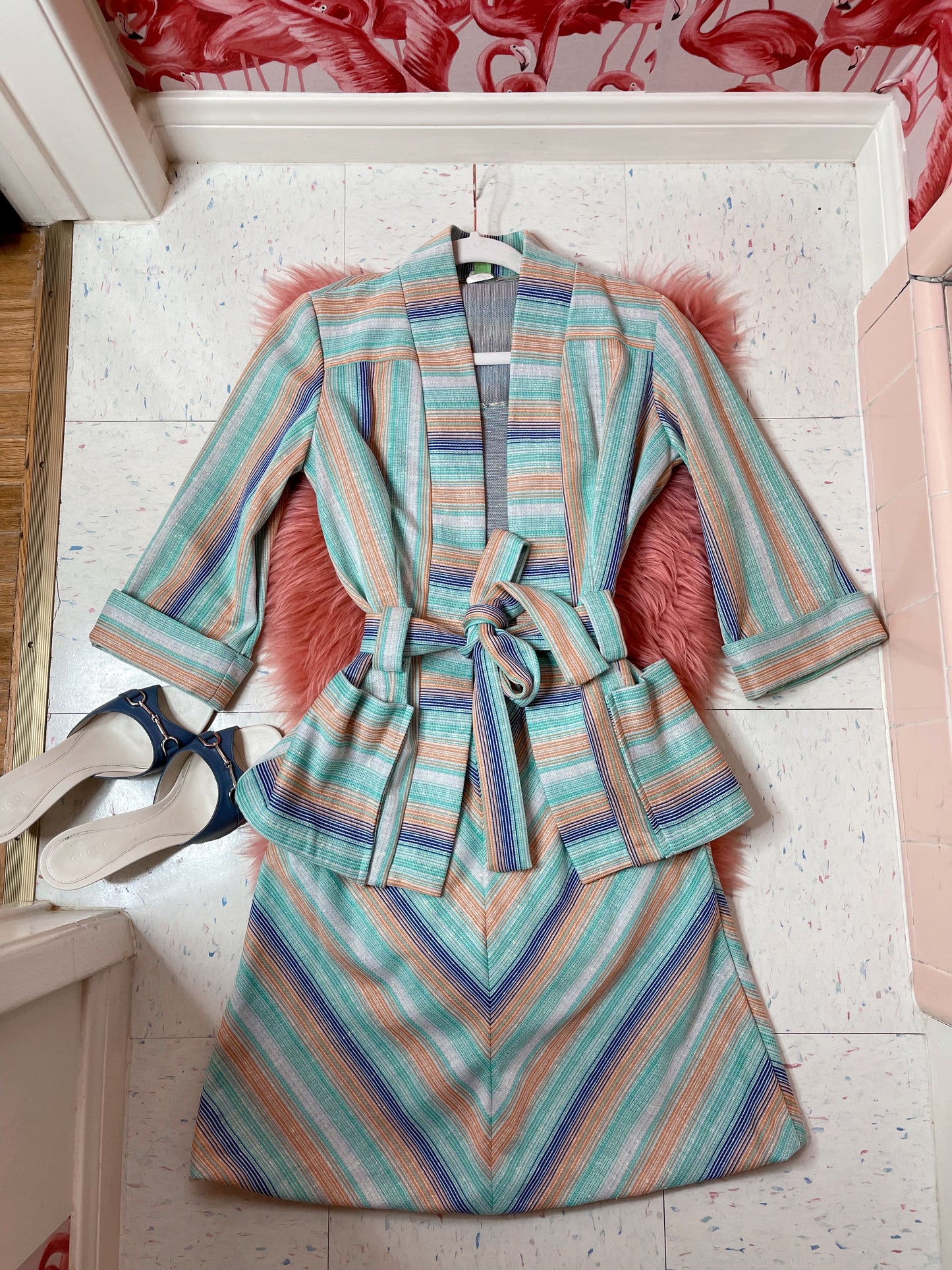 Vintage 70s Striped Kimono Style Jacket Skirt Set Fits Sizes XS-M