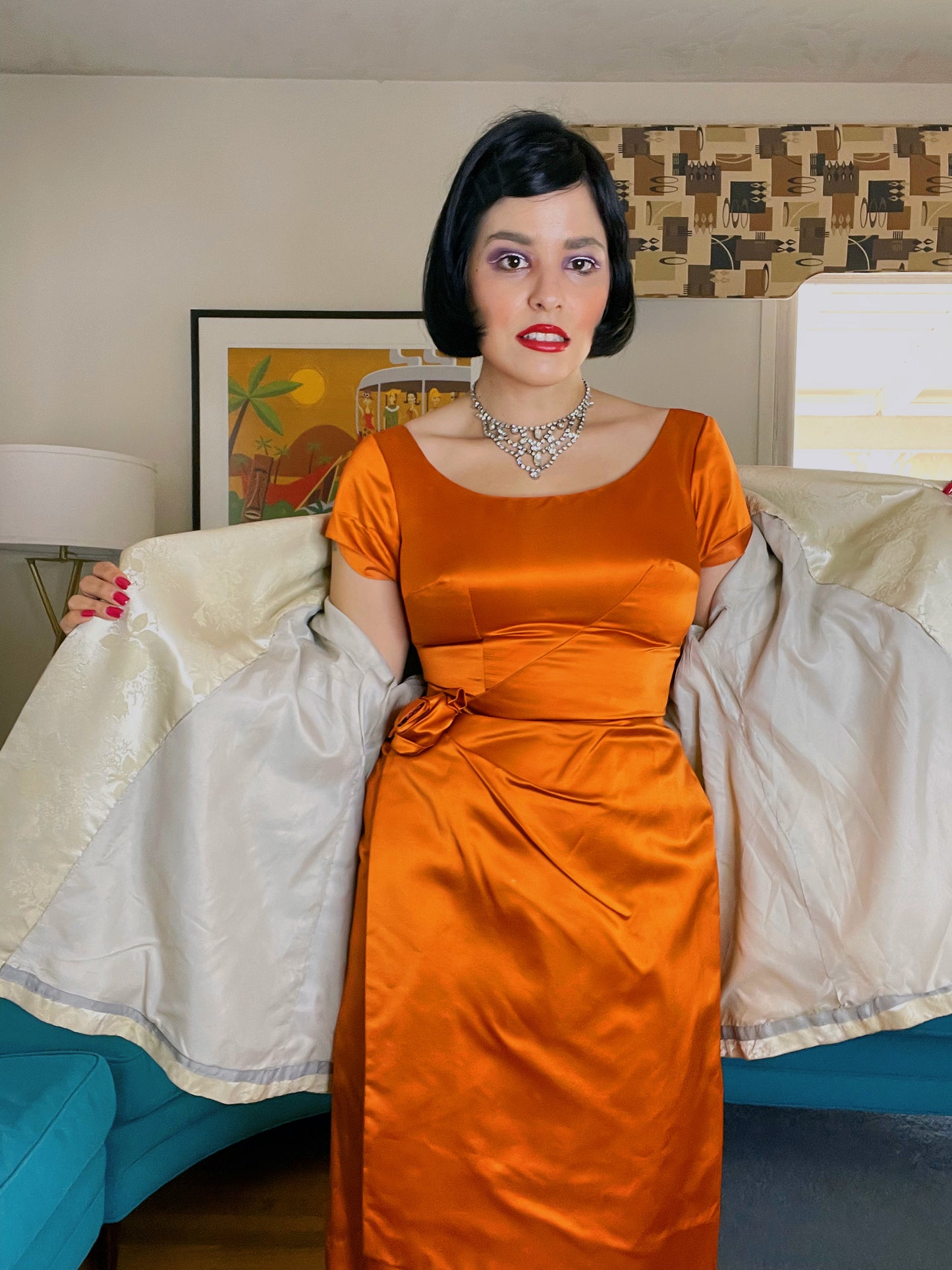 Vintage 50s / 60s Burnt Orange Satin Wiggle Dress Fits Sizes XS-SM