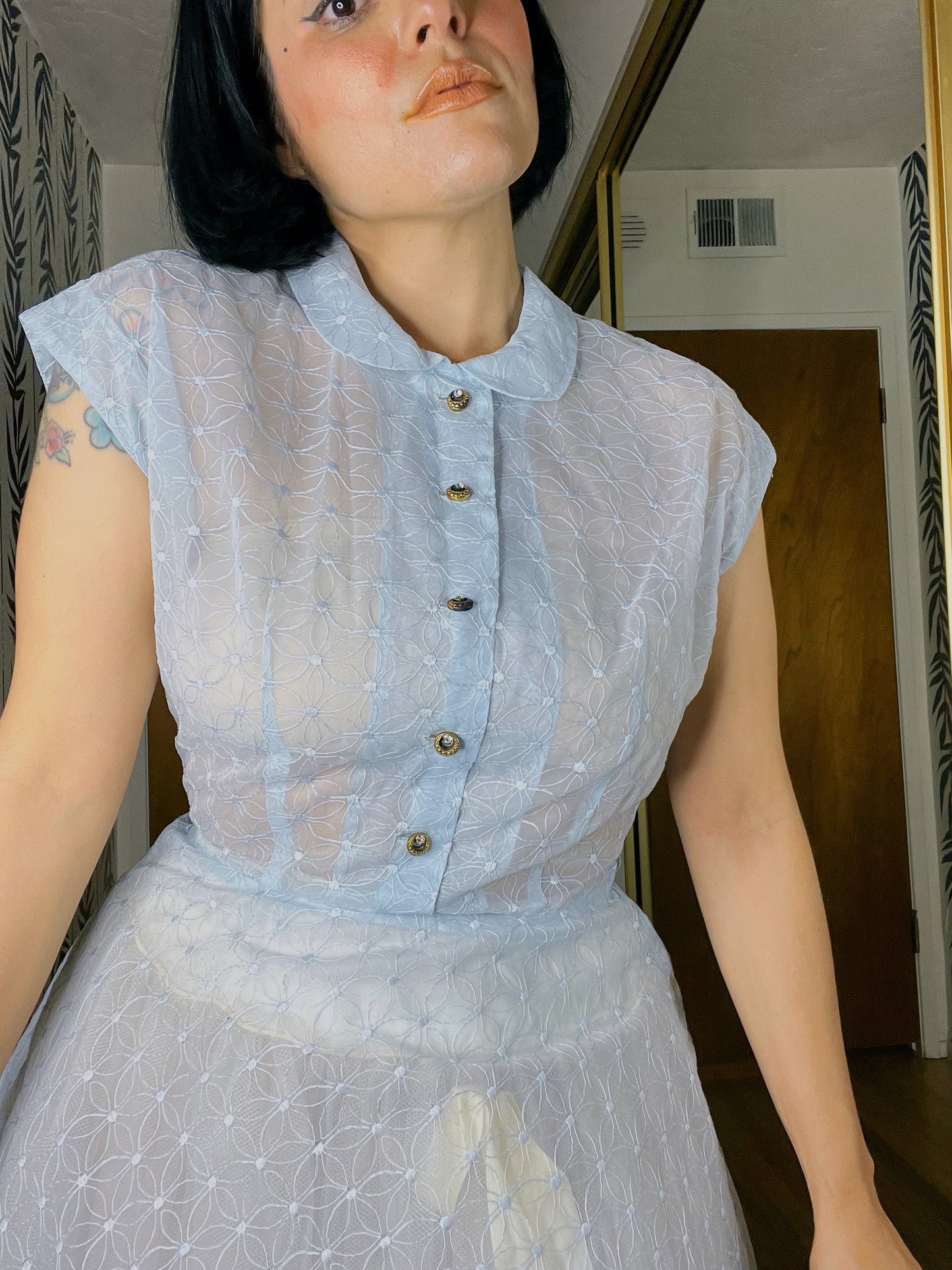 Vintage 50s / 60s Powder Blue Sheer Round Collar Button Down Embroidered Floral Design Midi Dress Fits Sizes S-M