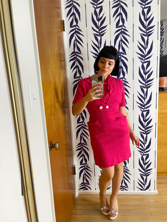 Vintage 50s / 60s Pink White Speckled Print Cotton Linen Wiggle Dress Set Fits Sizes XXS-SM