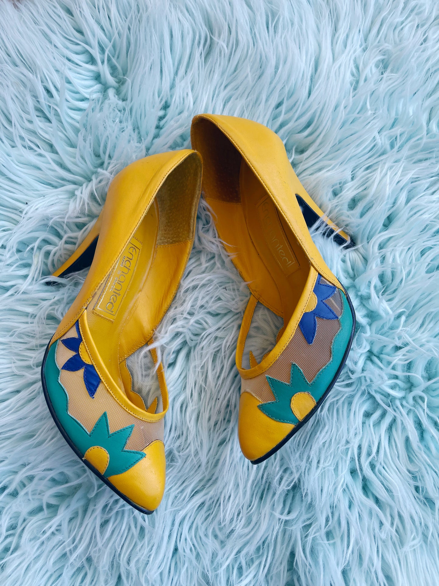 Vintage 70s / 80s "Enchanted" Made in Brazil Mustard Yellow Mesh Toe Flower Design Leather 4” heels size 8 *Original Shoe Box Not Included*