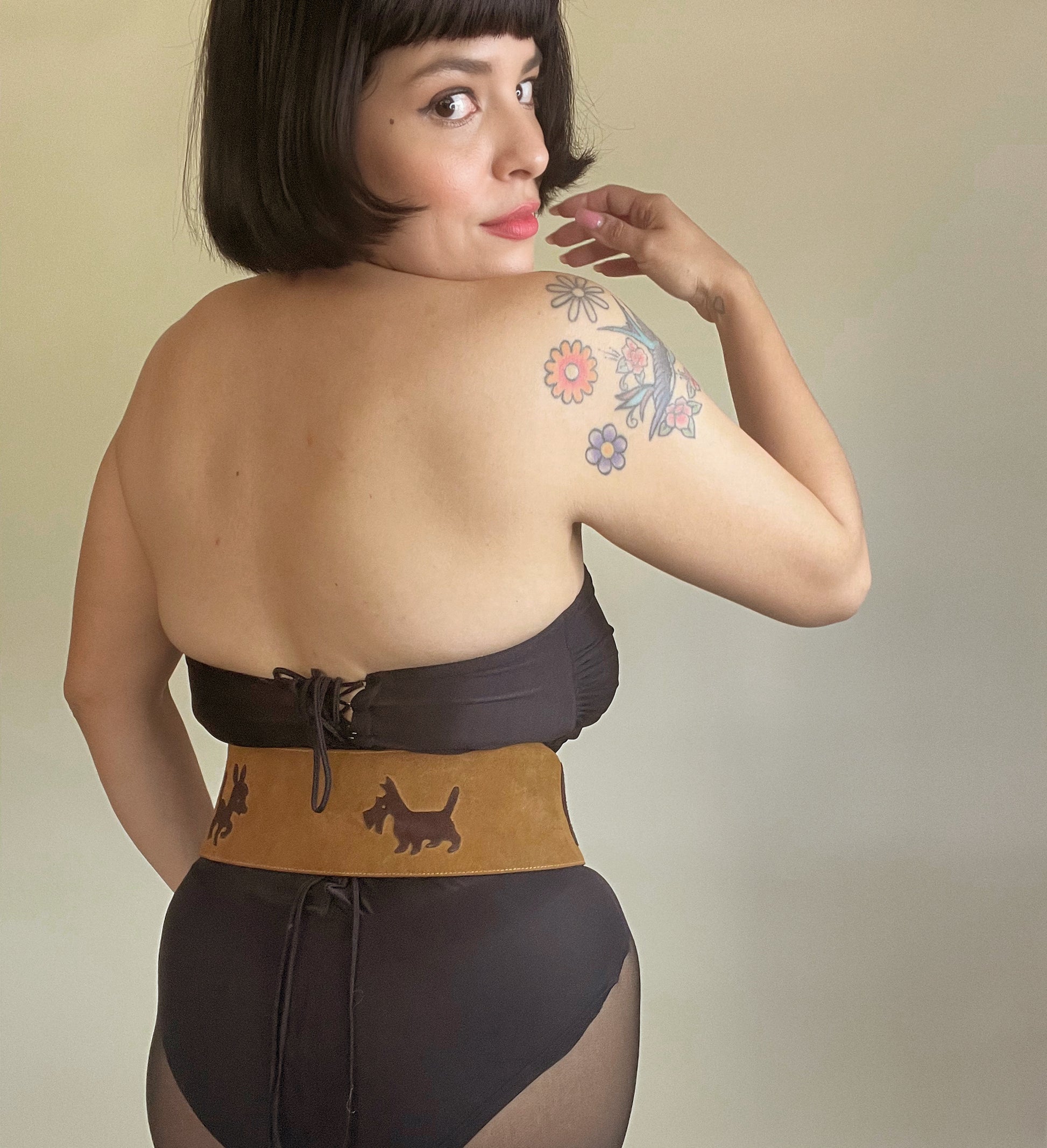 Vintage 60s / 70s Suede Leather Safari Animal Novelty Print Corset