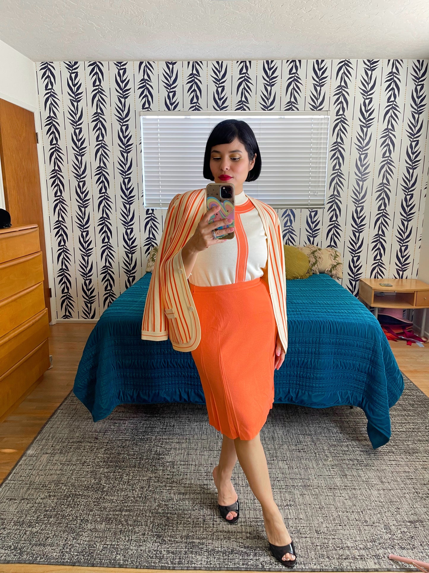 Vintage 60s Amalfi Knitwear Made In Italy Cream Sorbet Orange Skirt Set Fits Sizes XS-SM