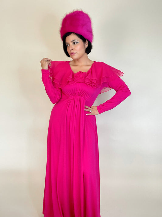 Vintage 1960s / 1970s Stretchy Hot Pink Slinky Ruffle Collar 3-D Flower Maxi Dress Fits Sizes XS-L