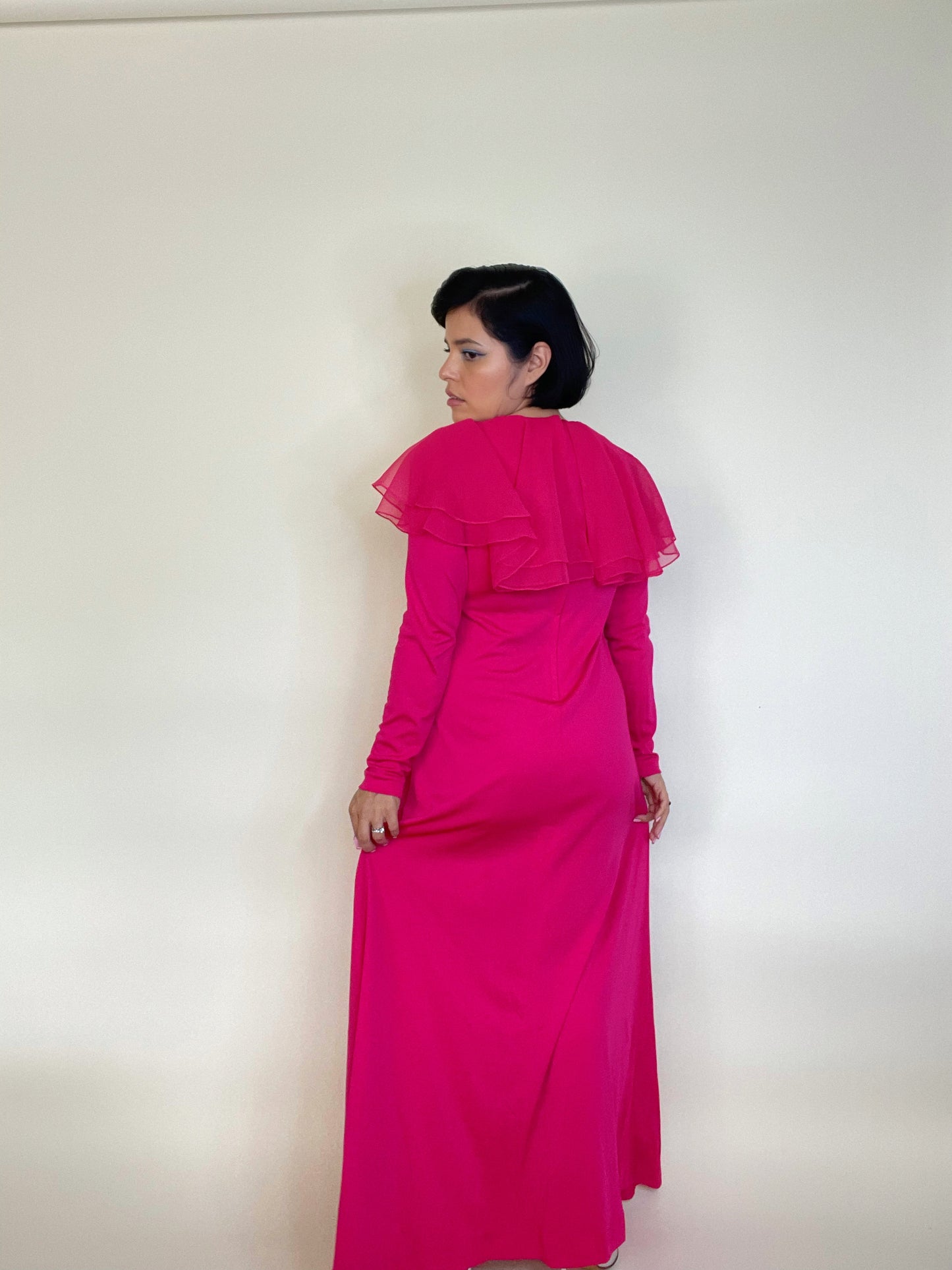 Vintage 1960s / 1970s Stretchy Hot Pink Slinky Ruffle Collar 3-D Flower Maxi Dress Fits Sizes XS-L
