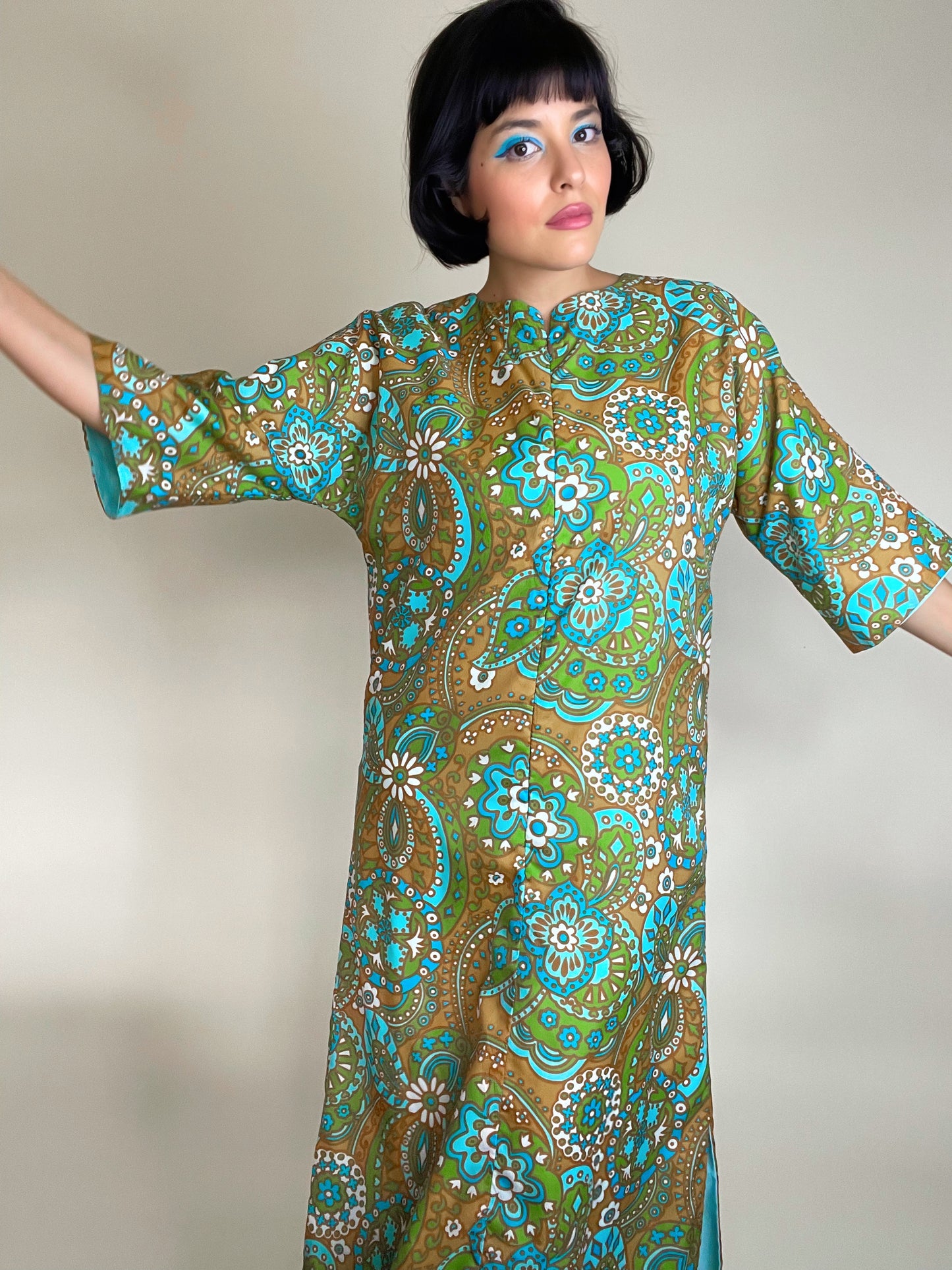 Vintage 60s Brown and Turquoise Floral Paisley Print Zip Up Dress with Side Slit Fits Sizes XS-M