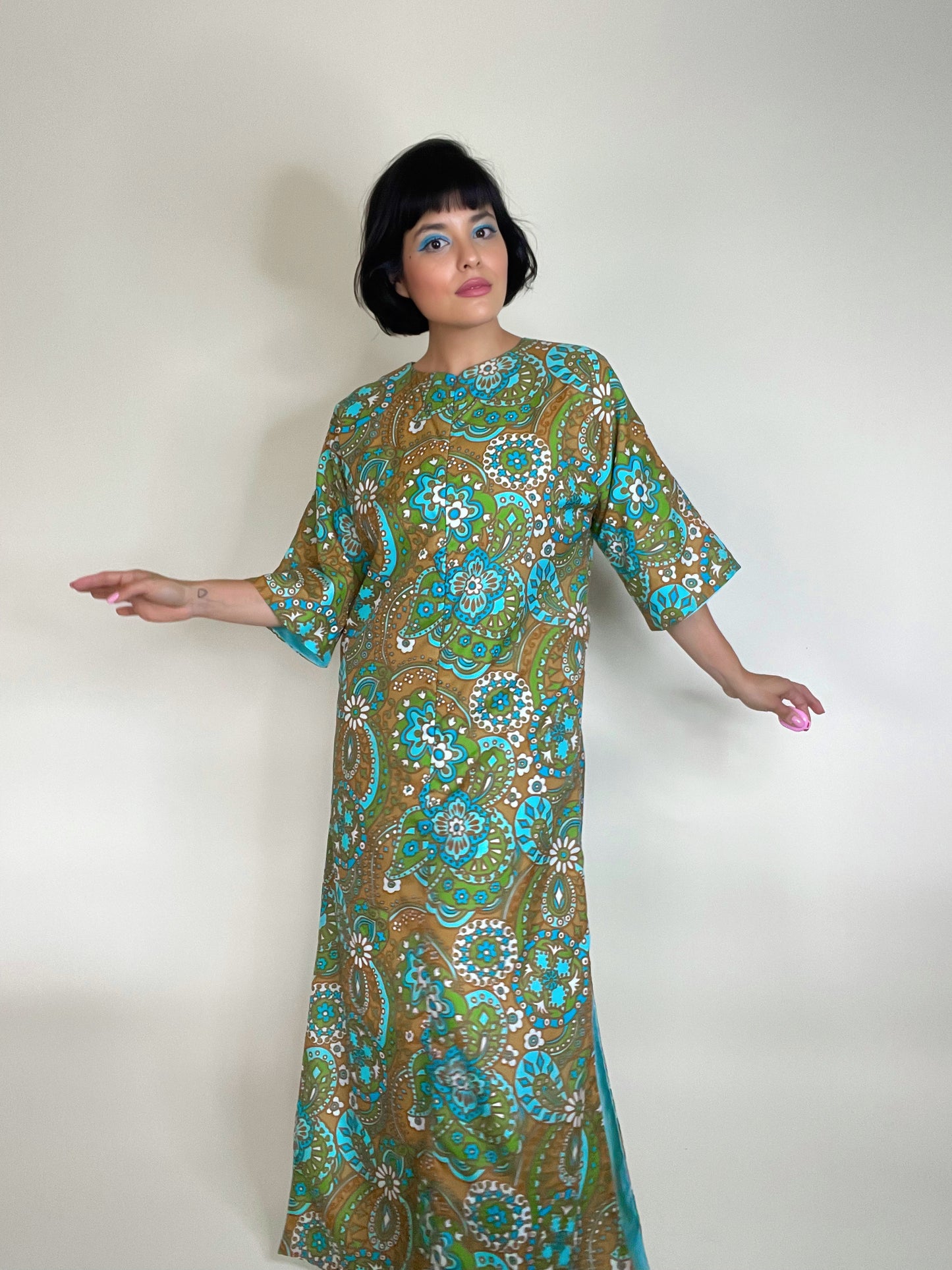 Vintage 60s Brown and Turquoise Floral Paisley Print Zip Up Dress with Side Slit Fits Sizes XS-M