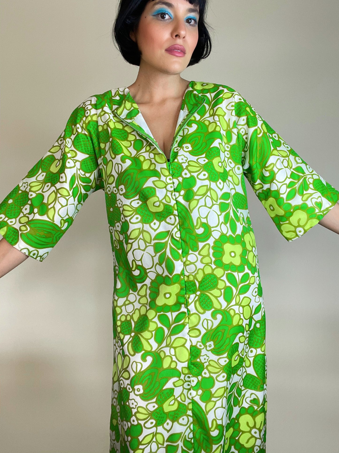 Vintage 60s Neon Green Floral Print Zip Up Front and Back Slit Dress Fits Sizes XS-M